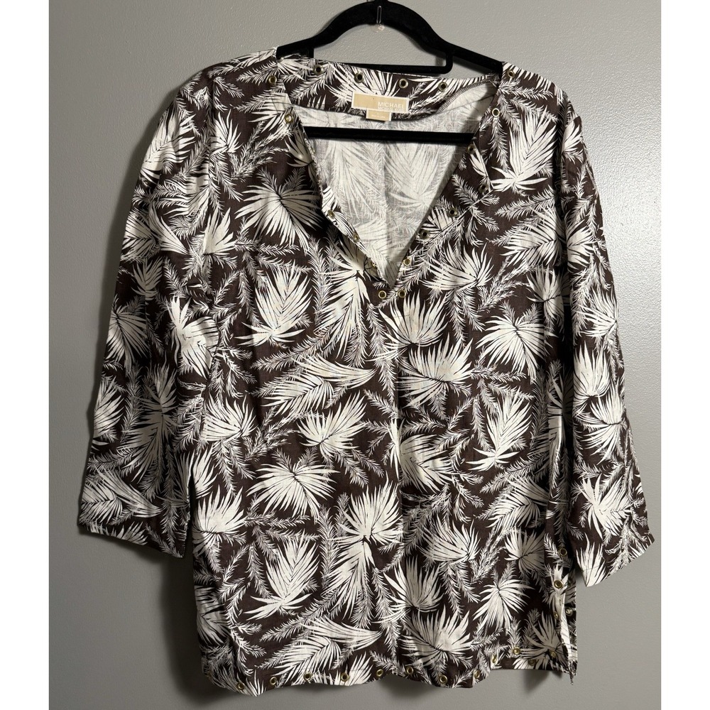 Michael‎ Kors Brown White Linen Palm Shirt